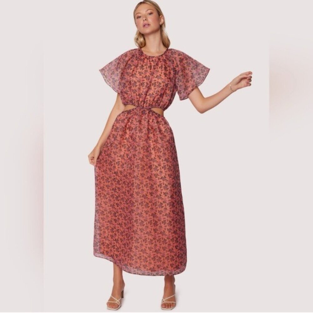 Lost + Wander Venus Rising Coral Floral Maxi Dress luxury short sleeve size L - Picture 4 of 16